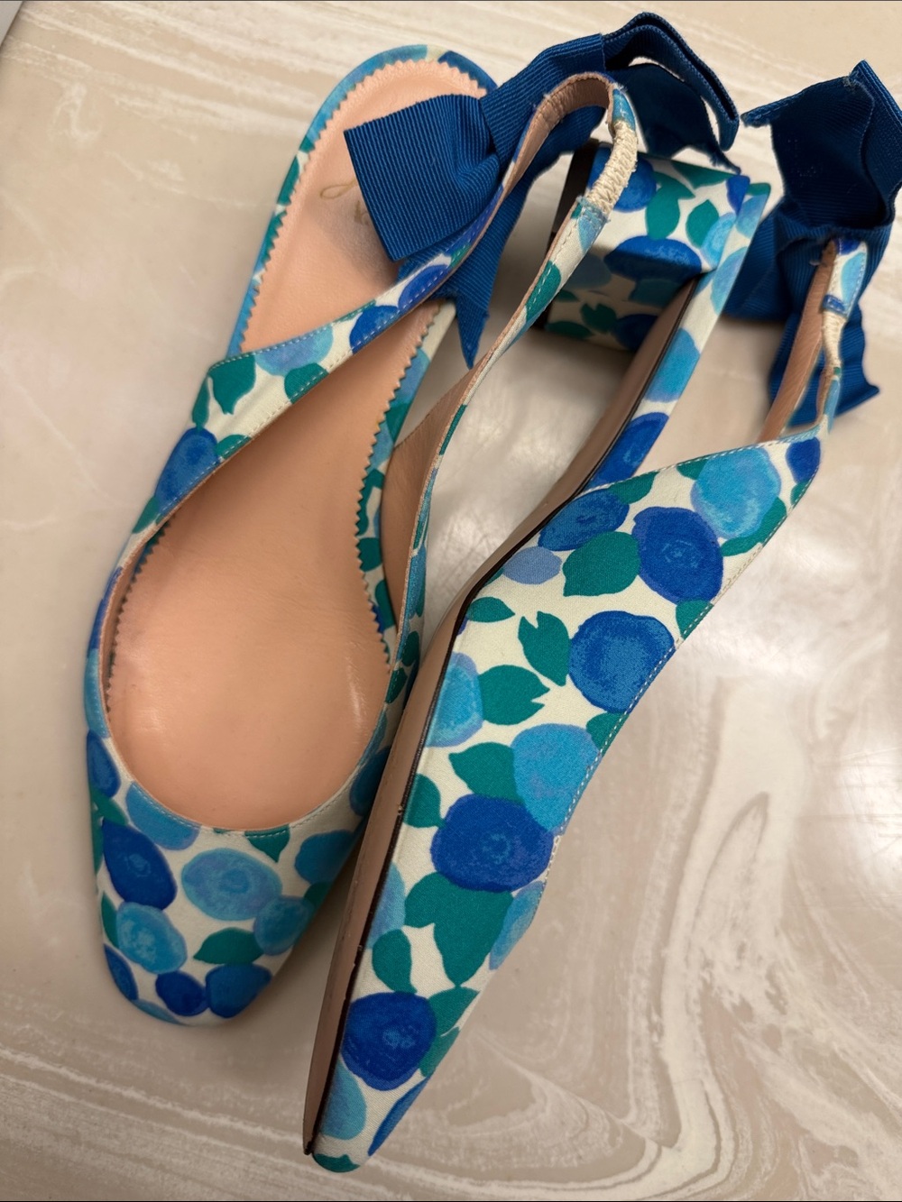 J. Crew blueberry Blue Floral Bow Slingback block heel pumps